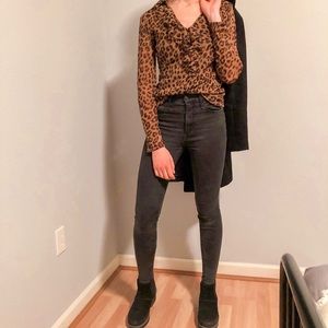 leopard print ruffled mesh button up top